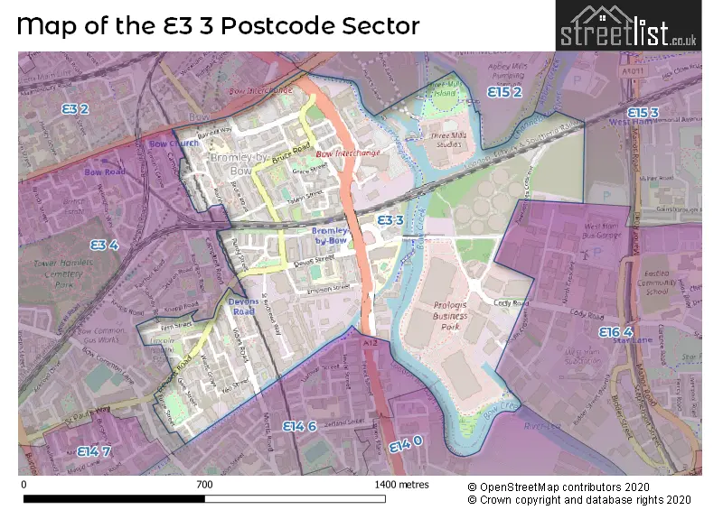 Map of the E3 3 and surrounding postcode sector