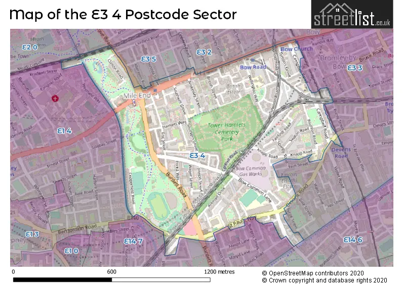 Map of the E3 4 and surrounding postcode sector