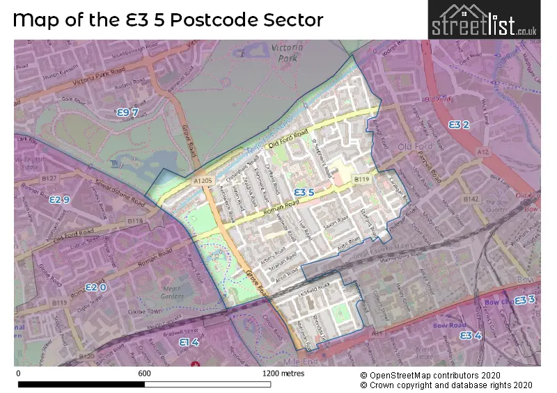Map of the E3 5 and surrounding postcode sector