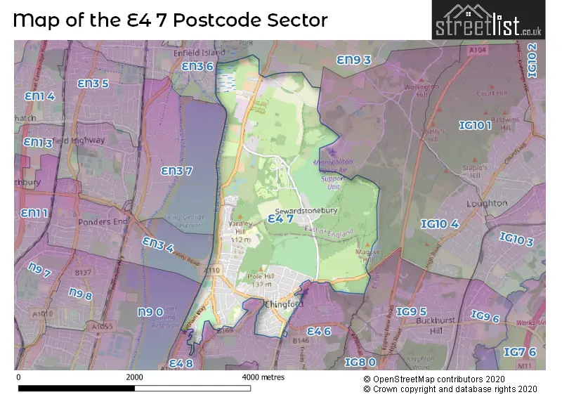 Map of the E4 7 and surrounding postcode sector