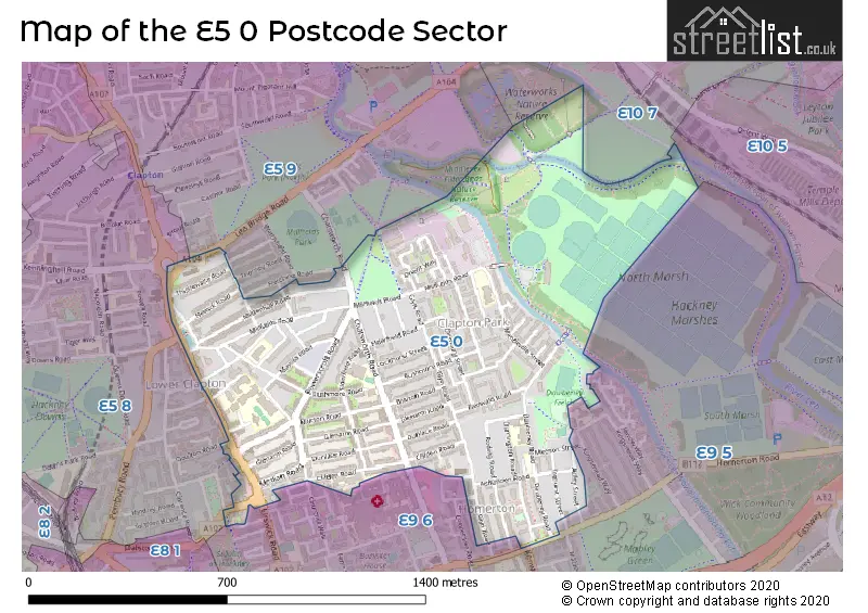 Map of the E5 0 and surrounding postcode sector