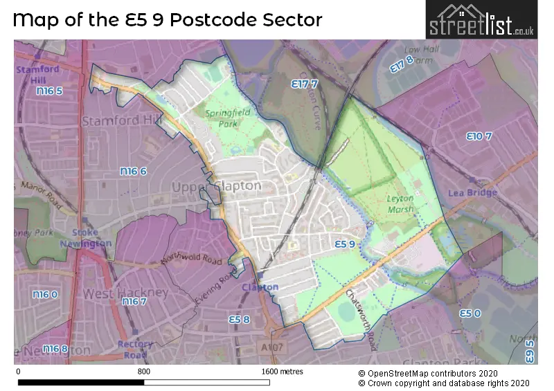 Map of the E5 9 and surrounding postcode sector