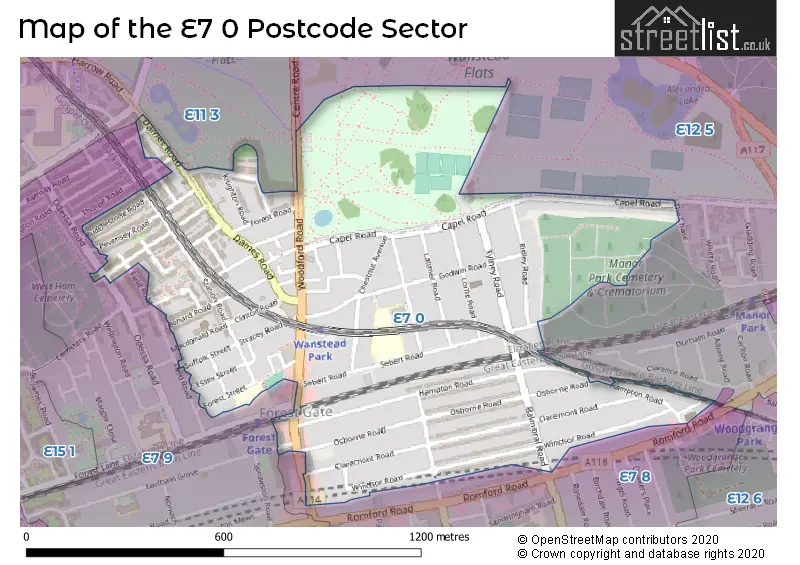 Map of the E7 0 and surrounding postcode sector