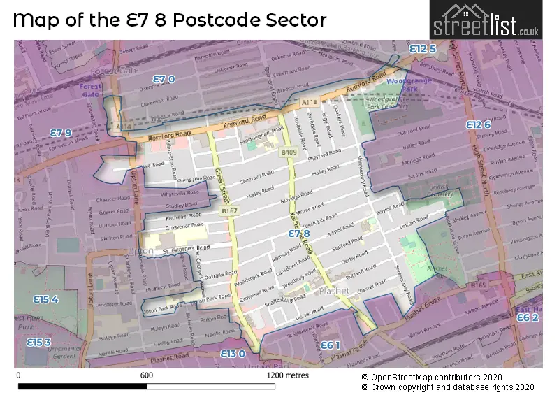 Map of the E7 8 and surrounding postcode sector
