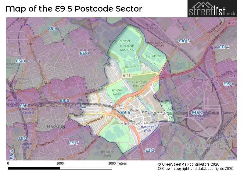 Map of the E9 5 and surrounding postcode sector