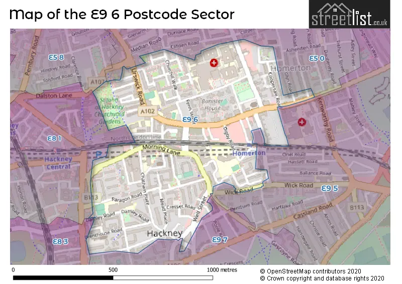 Map of the E9 6 and surrounding postcode sector