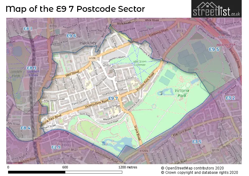 Map of the E9 7 and surrounding postcode sector