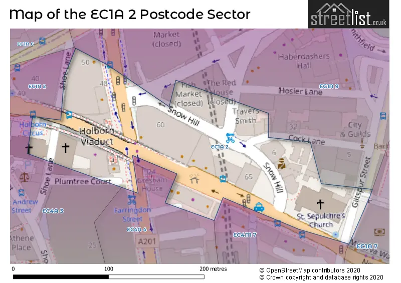 Map of the EC1A 2 and surrounding postcode sector