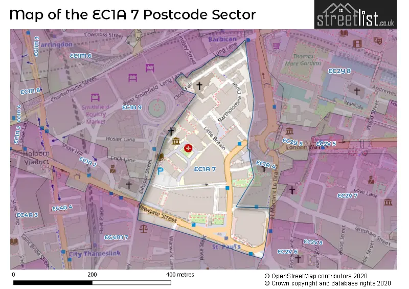 Map of the EC1A 7 and surrounding postcode sector