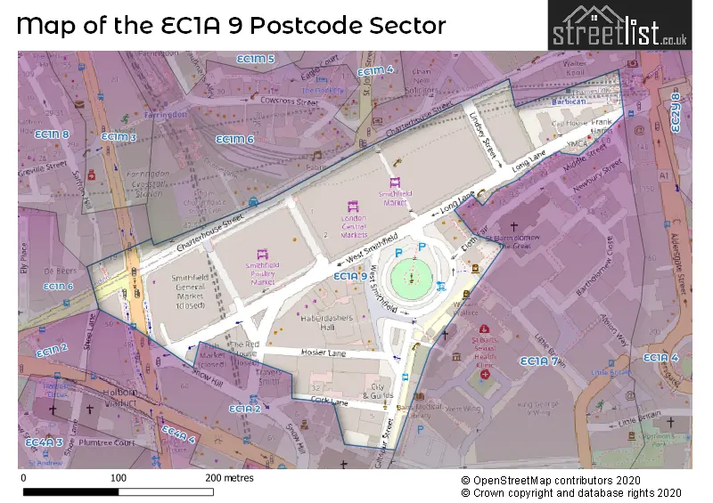 Map of the EC1A 9 and surrounding postcode sector