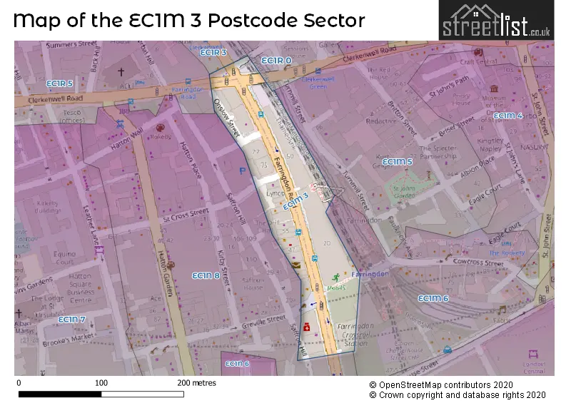 Map of the EC1M 3 and surrounding postcode sector