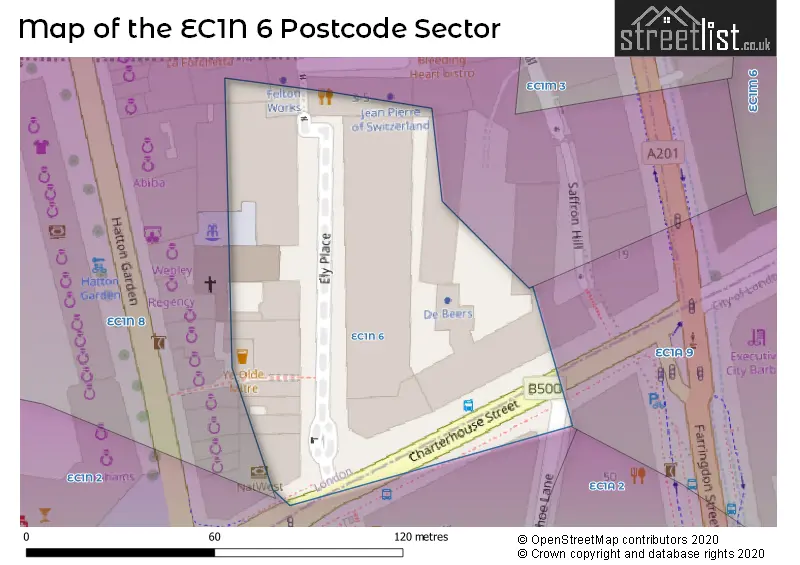 Map of the EC1N 6 and surrounding postcode sector
