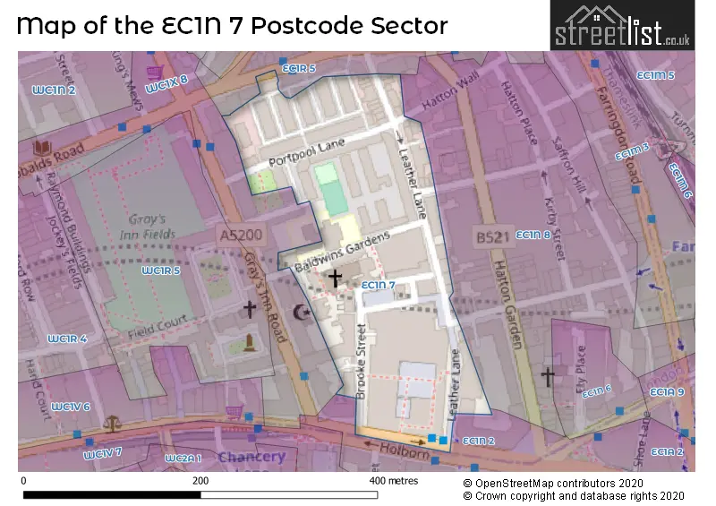 Map of the EC1N 7 and surrounding postcode sector