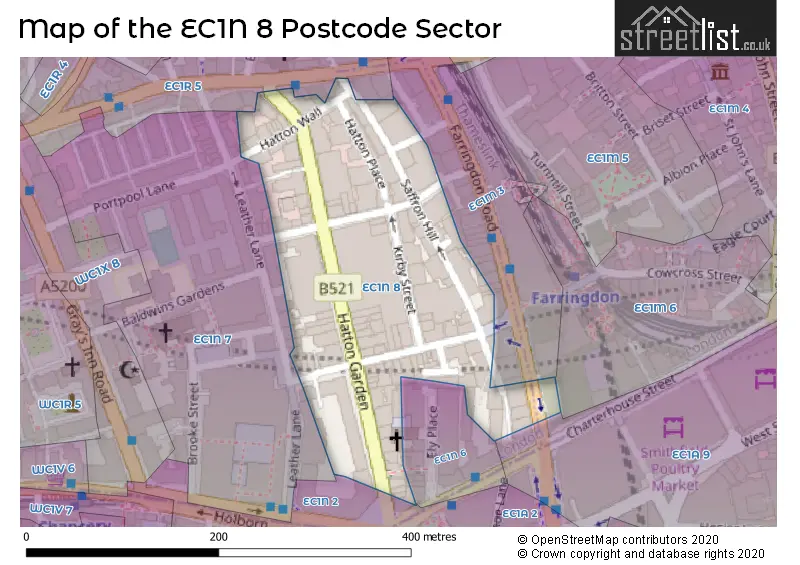 Map of the EC1N 8 and surrounding postcode sector
