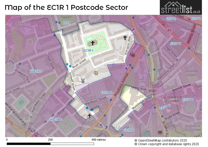 Map of the EC1R 1 and surrounding postcode sector