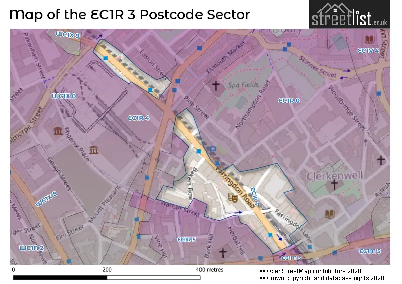 Map of the EC1R 3 and surrounding postcode sector