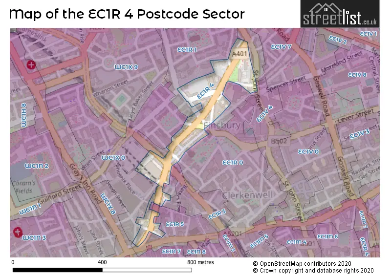 Map of the EC1R 4 and surrounding postcode sector