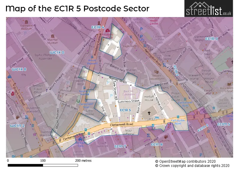Map of the EC1R 5 and surrounding postcode sector