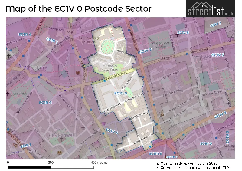 Map of the EC1V 0 and surrounding postcode sector