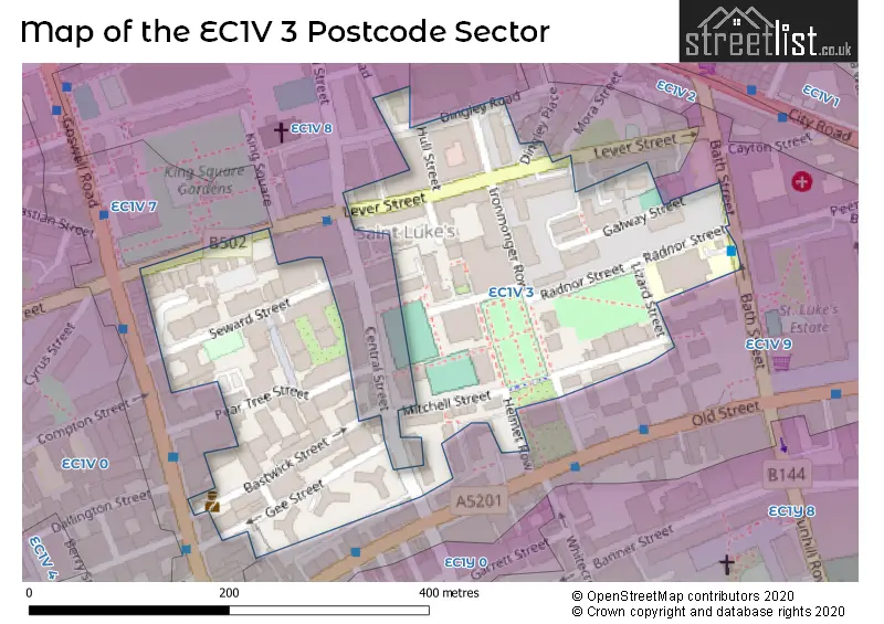 Map of the EC1V 3 and surrounding postcode sector