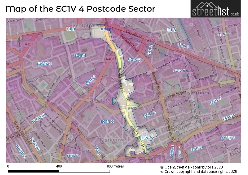 Map of the EC1V 4 and surrounding postcode sector