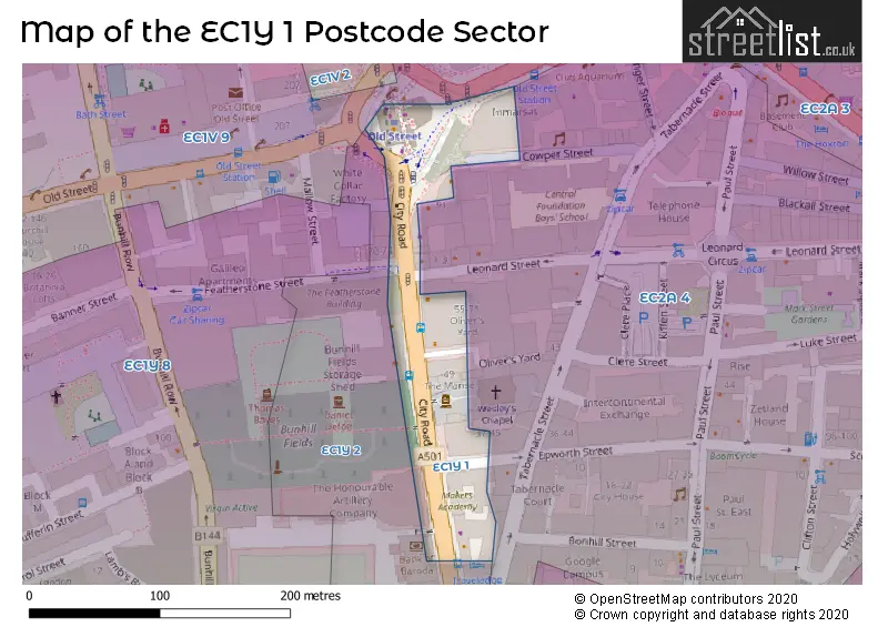 Map of the EC1Y 1 and surrounding postcode sector