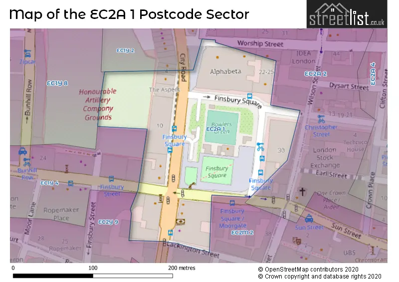 Map of the EC2A 1 and surrounding postcode sector