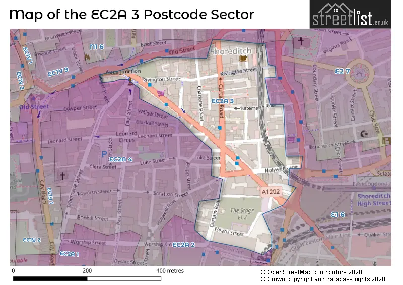 Map of the EC2A 3 and surrounding postcode sector