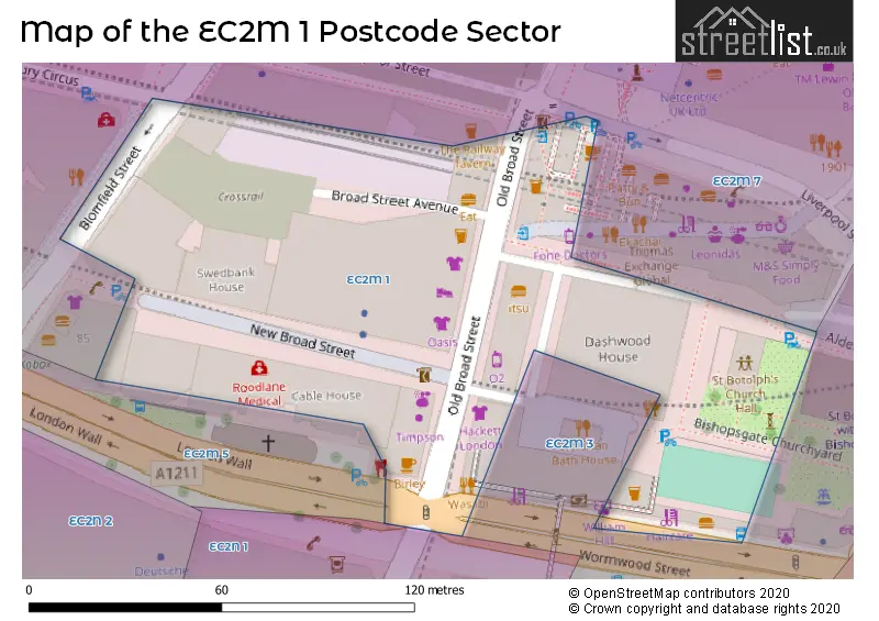 Map of the EC2M 1 and surrounding postcode sector