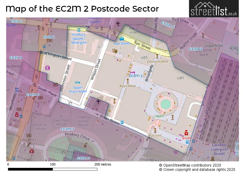 Map of the EC2M 2 and surrounding postcode sector