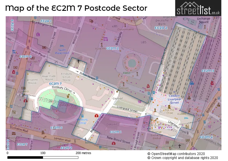 Map of the EC2M 7 and surrounding postcode sector