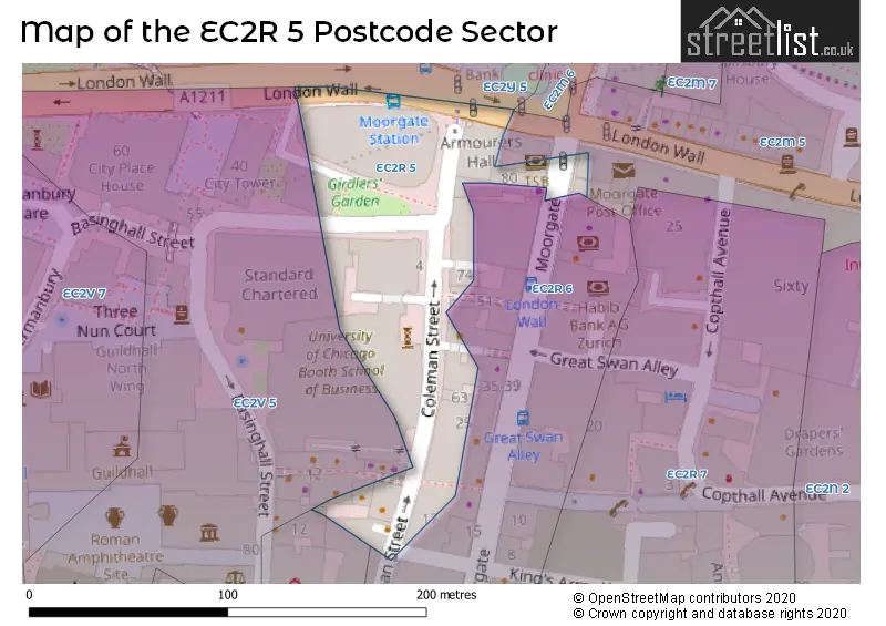 Map of the EC2R 5 and surrounding postcode sector