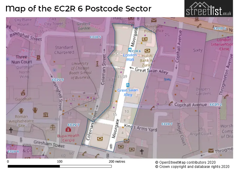 Map of the EC2R 6 and surrounding postcode sector