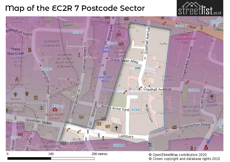 Map of the EC2R 7 and surrounding postcode sector