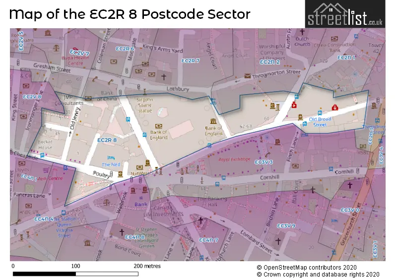 Map of the EC2R 8 and surrounding postcode sector