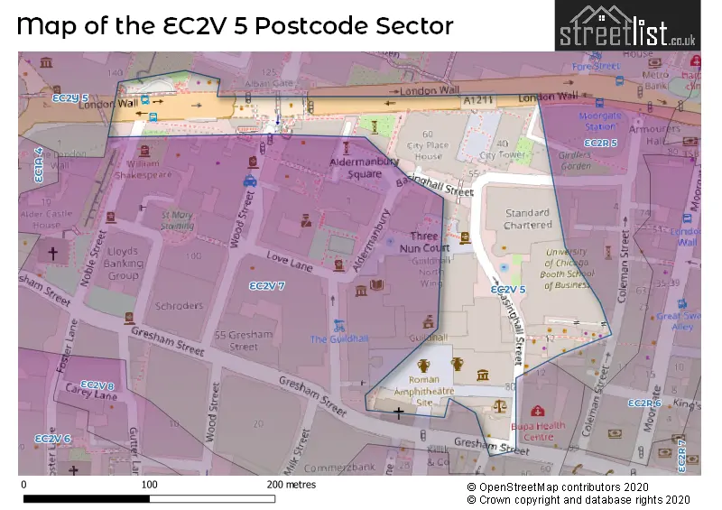 Map of the EC2V 5 and surrounding postcode sector
