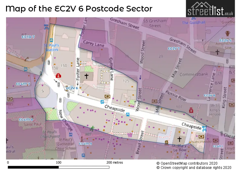 Map of the EC2V 6 and surrounding postcode sector
