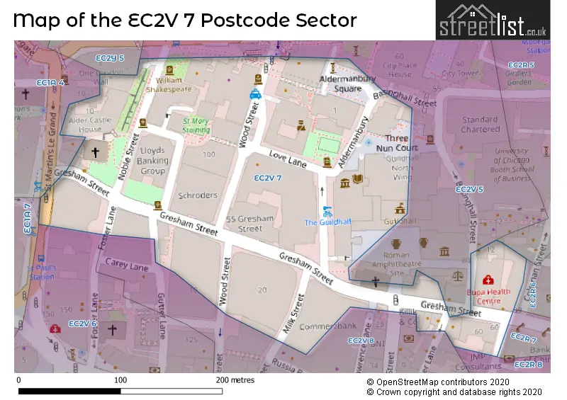 Map of the EC2V 7 and surrounding postcode sector