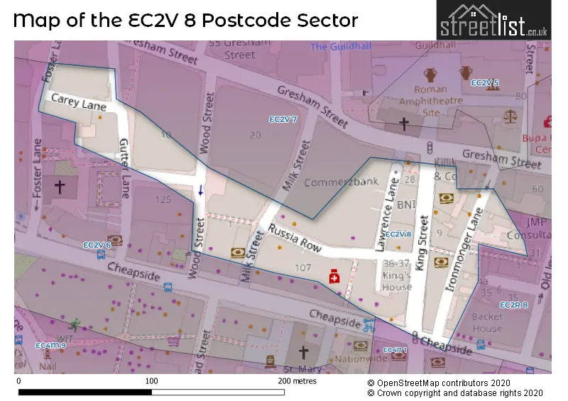Map of the EC2V 8 and surrounding postcode sector