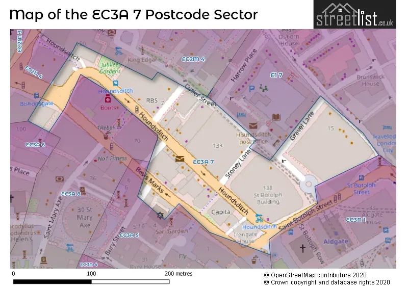 Map of the EC3A 7 and surrounding postcode sector