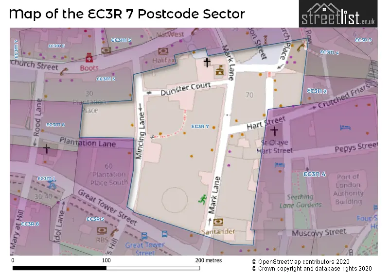 Map of the EC3R 7 and surrounding postcode sector