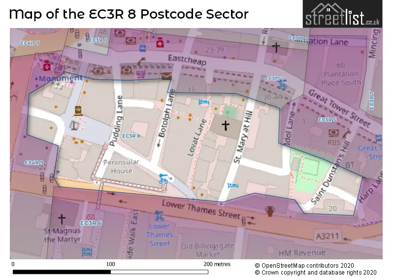 Map of the EC3R 8 and surrounding postcode sector