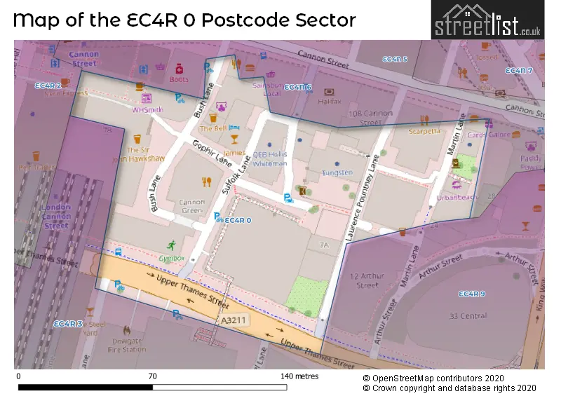 Map of the EC4R 0 and surrounding postcode sector