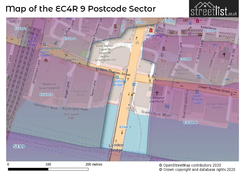 Map of the EC4R 9 and surrounding postcode sector