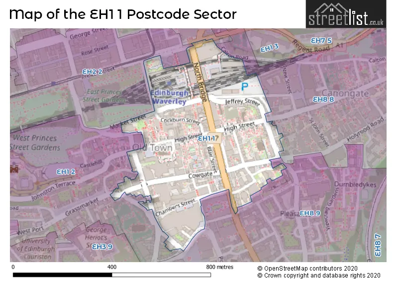 Map of the EH1 1 and surrounding postcode sector