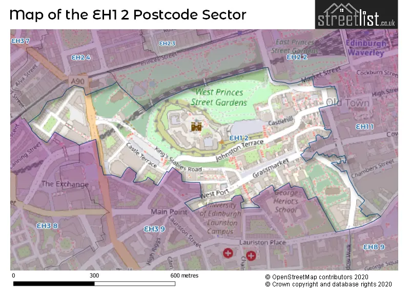 Map of the EH1 2 and surrounding postcode sector