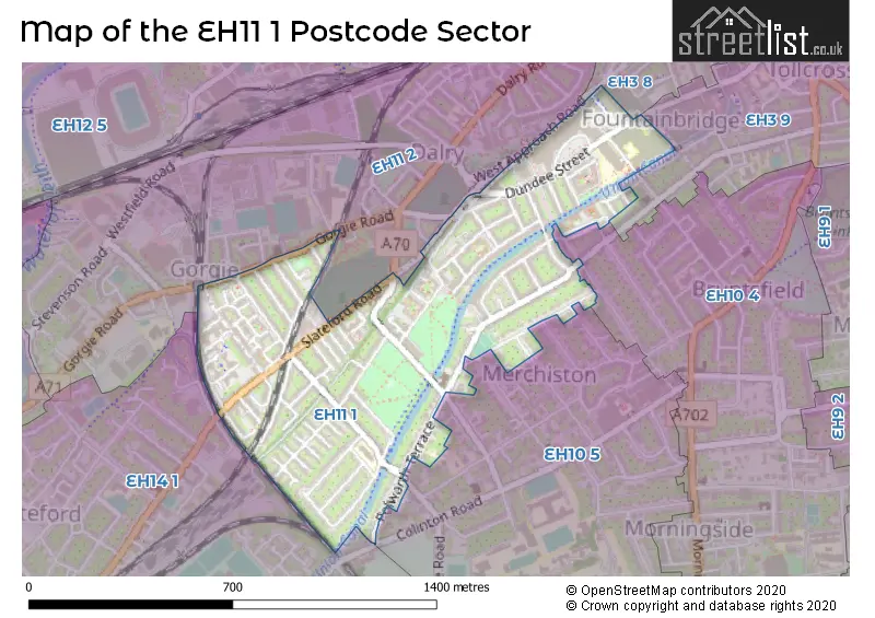 Map of the EH11 1 and surrounding postcode sector