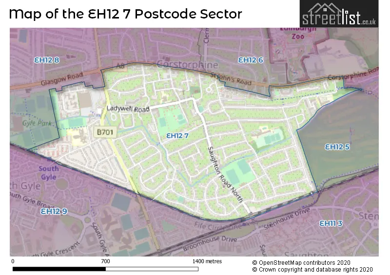 Map of the EH12 7 and surrounding postcode sector
