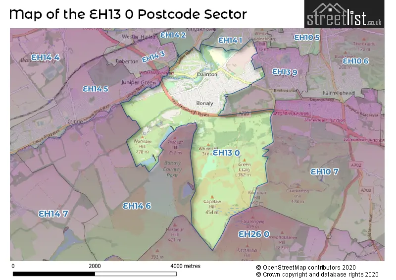 Map of the EH13 0 and surrounding postcode sector