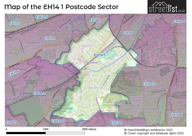 Map of the EH14 1 and surrounding postcode sector